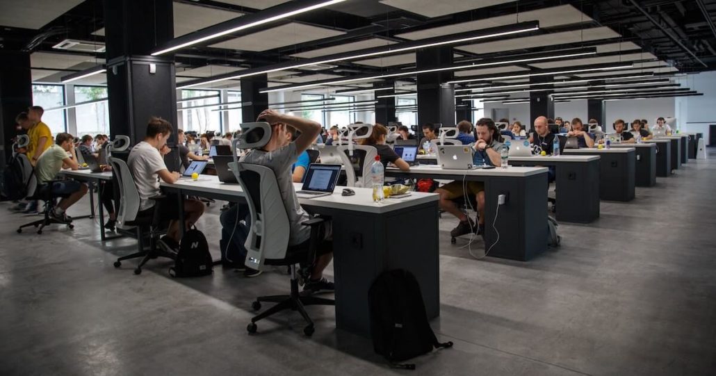 Call center with desks and computers