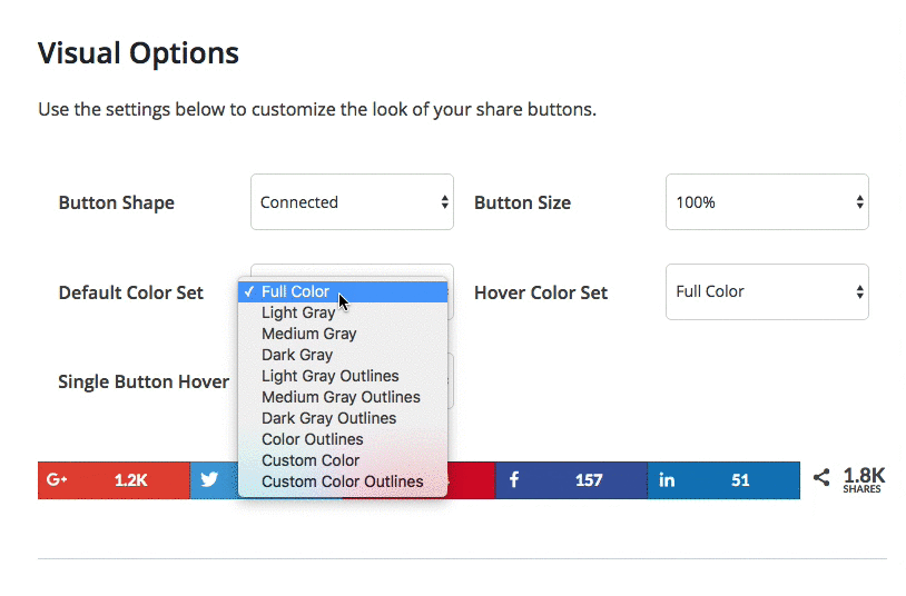 a screen capture of the color options for social share button through social warfare